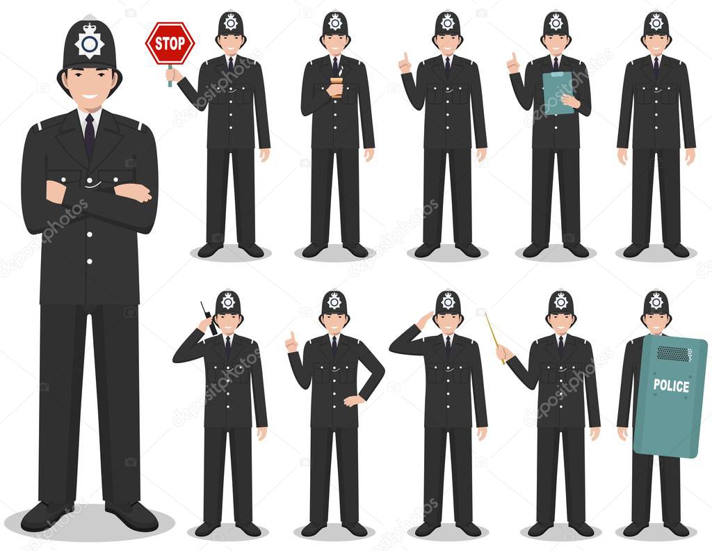 Police people concept. Detailed illustration of british policeman in traditional uniform standing in different poses in flat style isolated on white background. Flat design people characters. Vector.