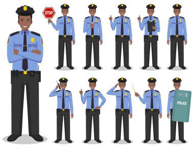Polis insanlar kavramı. Afro-Amerikan polis düz stil beyaz arka plan üzerinde izole içinde farklı pozlar ayakta ayrıntılı Illustration. Vektör çizim.