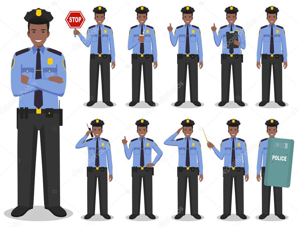 Police people concept. Detailed illustration of african american policeman standing in different poses in flat style isolated on white background. Vector illustration.