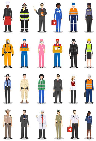 People occupation characters set in flat style isolated on white background. Flat vector icons on white background. Templates for infographic, sites, banners, social networks. Vector illustration.