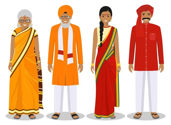 Familj och sociala koncept. Indiska person generationer vid olika åldrar. Uppsättning av vuxna människor i traditionella nationella kläder: far, mor, Mormor, farfar står tillsammans. Vektor — Stock vektor