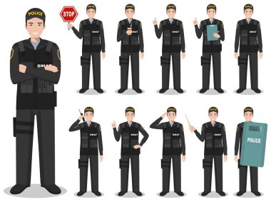 Polis insanlar kavramı. Amerikan polis, Şerif, düz stil beyaz arka plan üzerinde izole içinde farklı pozlar ayakta Swat memur detaylı Illustration. Vektör çizim.