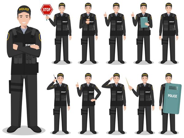 Police people concept. Detailed illustration of american policeman, sheriff, SWAT officer standing in different poses in flat style isolated on white background. Vector illustration.