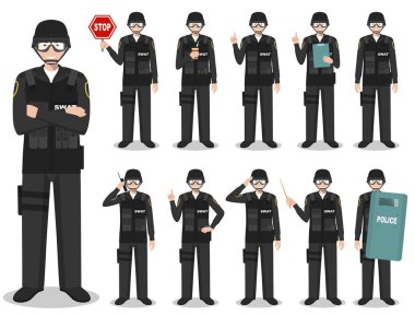 Polis insanlar kavramı. Amerikan polis, Şerif, düz stil beyaz arka plan üzerinde izole içinde farklı pozlar ayakta Swat memur detaylı Illustration. Vektör çizim.