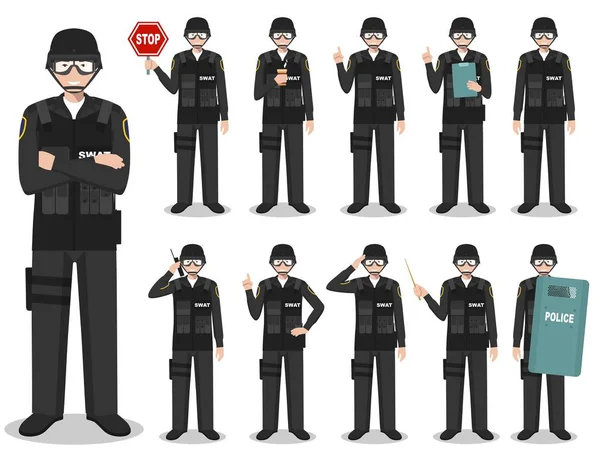 Concepto de policía. Ilustración detallada del policía americano, sheriff, oficial SWAT de pie en diferentes poses en estilo plano aislado sobre fondo blanco. Ilustración vectorial . — Vector de stock