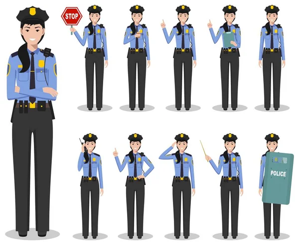 Concepto de policía. Ilustración detallada de la mujer policía americana de pie en diferentes posiciones en estilo plano aislado sobre fondo blanco. Ilustración vectorial . — Vector de stock