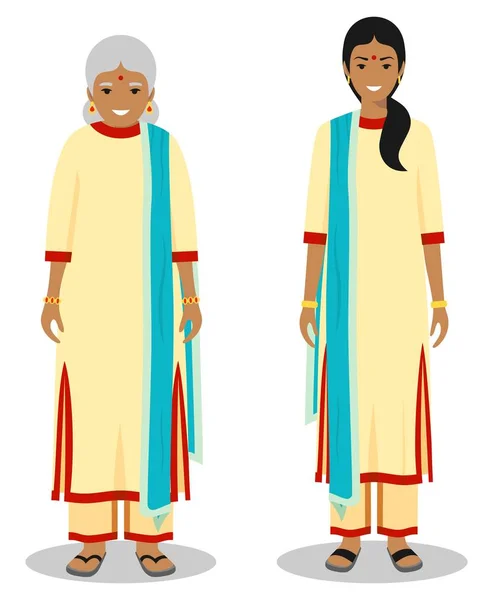 Набор стоя вместе старая и молодая индийская женщина в традиционной одежде изолированы на белом фоне в плоском стиле. Разные люди в восточном платье. Векторная иллюстрация . — стоковый вектор