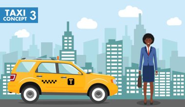 Taksi hizmet anlayışı. Taksi ve düz stilde cityscape arka plan üzerinde Afro-Amerikan işkadını detaylı Illustration. Vektör çizim.
