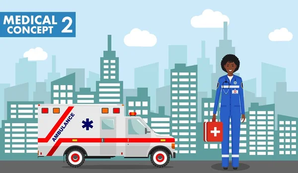 Conceito médico. Ilustração detalhada do médico de emergência mulher afro-americana em uniforme no fundo com paisagem urbana em estilo plano. Ilustração vetorial . — Vetor de Stock