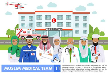 Tıbbi kavramı. Müslüman Arap Doktor, hemşire, helikopter, ambulans araba ve beyaz arka plan üzerinde düz tarzı bina hastane detaylı Illustration. Duran Uygulayıcı Arapça doktor.