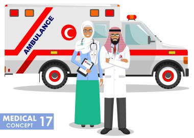 Tıbbi kavramı. Müslüman Arap Paramedik adam, acil Doktor, hemşire ve ambulans araba beyaz arka plan üzerinde düz stilde detaylı Illustration. Vektör çizim.