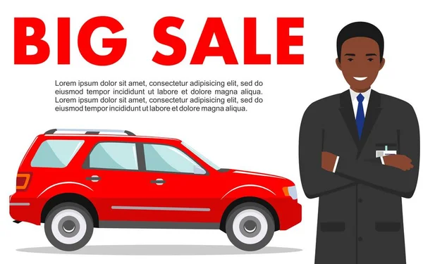Bil showroom. Stor försäljning. Manager säljer nya bil. Detaljerad bild av afrikanska amerikansk affärsman och röda auto på vit bakgrund i platt stil. — Stock vektor
