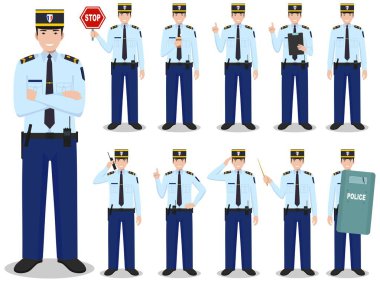 Polis insanlar kavramı. Fransız polis geleneksel Tekdüzen ayakta beyaz arka plan üzerinde izole düz tarzı farklı teşkil etmektedir detaylı Illustration. Düz tasarım insanlar karakterler. Vektör Il