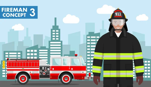 Conceito bombeiro. Ilustração detalhada de bombeiro homem e caminhão de bombeiros em estilo plano no fundo com paisagem urbana. Ilustração vetorial . —  Vetores de Stock