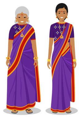 Yaşlı ve Genç Hintli kadın düz tarzında beyaz arka plan üzerinde izole geleneksel giyim birlikte ayakta kümesi. Doğu elbise farklı insanlar. Vektör çizim.