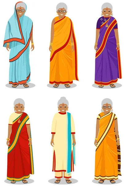 Indianerin. Satz von verschiedenen stehenden alten Frauen in der traditionellen nationalen Kleidung isoliert auf weißem Hintergrund in flachem Stil. Anders kleiden sich die Menschen im Osten. Vektorillustration. — Stockvektor