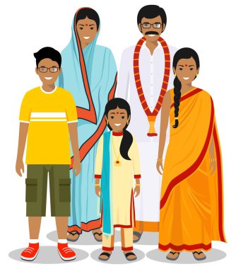 Aile ve sosyal kavramı. Hint kişi nesiller, farklı yaşlarda. Kişi geleneksel Ulusal giysiler: Baba, anne, çocuk, kız birlikte ayakta. Vektör çizim.