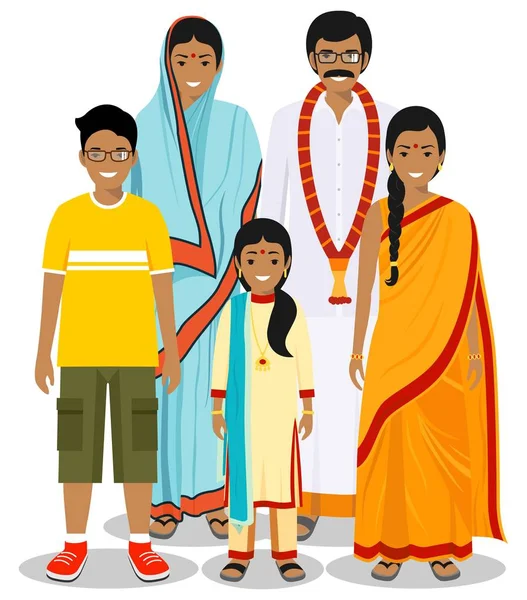Rodina a sociální koncepce. Indické osobě generace v různém věku. Skupiny lidí v Národní kroje: otec, matka, kluk, holka stojí dohromady. Vektorové ilustrace. — Stockový vektor