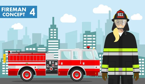 Πυροσβέστης έννοια. Λεπτομερής επεξήγηση της γυναίκας πυροσβέστης και φωτιά φορτηγό σε επίπεδη στυλ σε φόντο με το αστικό τοπίο. Εικονογράφηση διάνυσμα. — Διανυσματικό Αρχείο