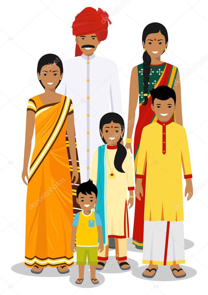 Family and social concept. Indian person generations at different ages. Set of people in traditional national clothes: father, mother, boy, girl standing together. Vector illustration.