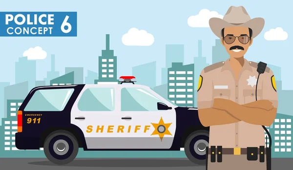 Policie koncept. Detailní obrázek policisty, šerif na pozadí s policejní auto a panoráma v plochý. Vektorové ilustrace. — Stockový vektor