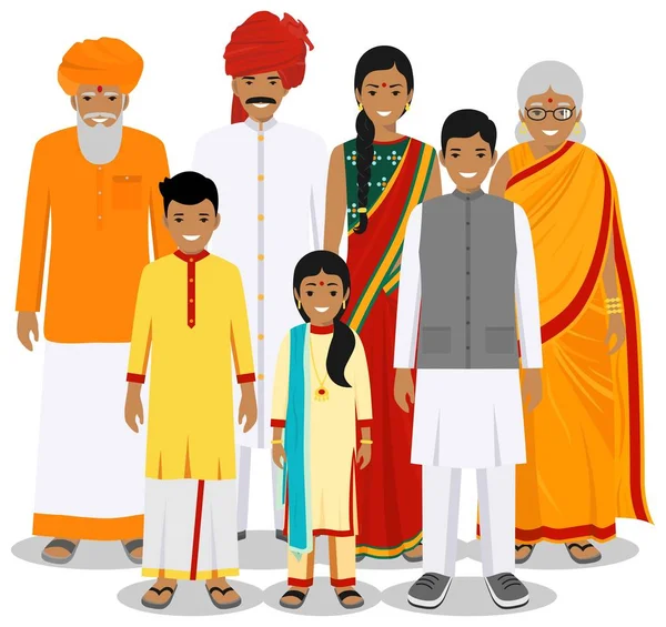 Семейное и социальное понятие. Поколения индийцев разного возраста. Набор людей в традиционной национальной одежде: бабушка, дедушка, отец, мать, мальчик, девочка стоят вместе. Вектор . — стоковый вектор