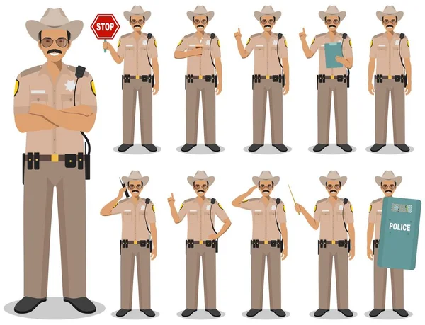 Politie mensen concept. Gedetailleerde illustratie van de Amerikaanse politieagent, sheriff permanent in verschillende posities in vlakke stijl geïsoleerd op een witte achtergrond. Vectorillustratie. — Stockvector