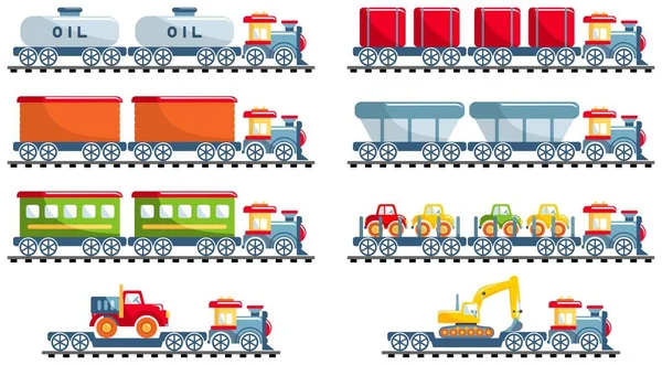 Концепция железной дороги. Комплект различных железнодорожных игрушек в плоском мультипликационном стиле на белом фоне: поезд, локомотив, вагон, груз, цистерна, платформа. Векторная иллюстрация . — стоковый вектор