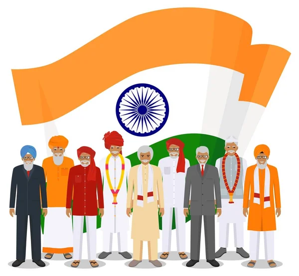 Social concept. Group indian senior people standing together in different traditional national clothes on background with flag in flat style. Vector illustration. — Stock Vector