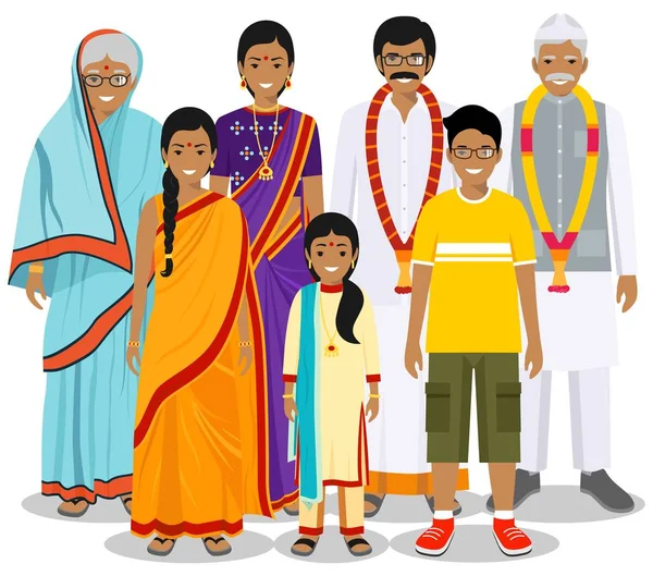 Rodina a sociální koncepce. Indické osobě generace v různém věku. Skupiny lidí v Národní kroje: babička, dědeček, otec, matka, kluk, holka stojí dohromady. Vektor. — Stockový vektor