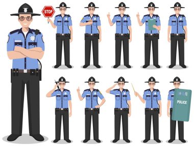 Polis insanlar kavramı. Amerikan Polis, beyaz arka plan üzerinde izole düz stil farklı pozisyonlarda ayakta Şerif detaylı Illustration. Vektör çizim.
