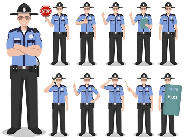 Conceito de polícia. Ilustração detalhada do policial americano, xerife de pé em diferentes posições em estilo plano isolado em fundo branco. Ilustração vetorial . —  Vetores de Stock