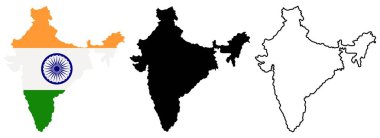 Hindistan Haritası farklı tarzı: içinde Hint ulusal bayrak ile renkli, siyah siluet ve dağılımı. Vektör çizim.