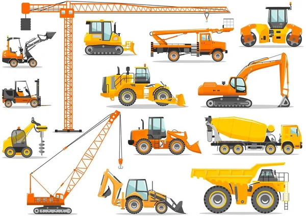 Set of detailed heavy construction and mining machines in flat style on the white background. Building machinery. Special equipment. Vector illustration. — Stock Vector