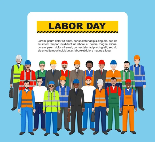 Labor day. Group of worker, builder and engineer standing together on blue background in flat style. Working team and teamwork concept. Different nationalities and uniforms. — Stock Vector