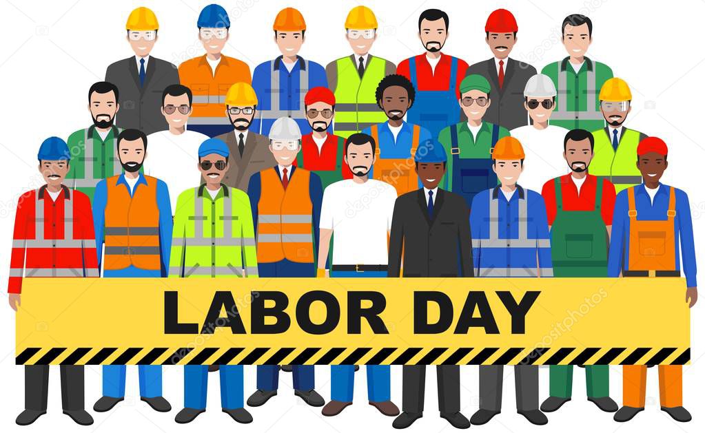 Labor day. Group of worker, builder and engineer standing together on white background in flat style. Working team and teamwork concept. Different nationalities and uniforms. Flat design people