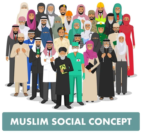 Social concept. Group muslim arabic people professions occupation standing together in different suit and traditional clothes on white background in flat style. Arab man and woman. Vector illustration