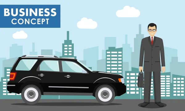 Concept d'entreprise. Illustration détaillée de l'homme d'affaires en arrière-plan avec voiture noire et paysage urbain dans un style plat. Illustration vectorielle . — Image vectorielle
