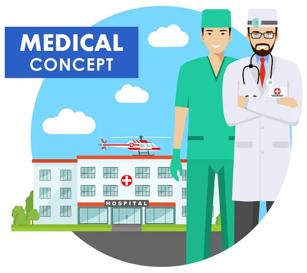 Medical concept. Detailed illustration of emergency doctor man in uniform on background with hospital and helicopter in flat style. Vector illustration. — Stock Vector