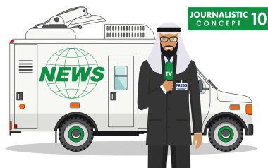Gazetecilik kavramı. Arap Müslüman erkek muhabir ve beyaz arka plan üzerinde düz stil Tv veya haber arabaya detaylı Illustration. Vektör çizim.