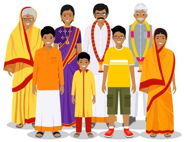Aile ve sosyal konsept. Farklı çağlarda Hint insan nesiller. Geleneksel Ulusal kıyafetler Büyükanne, Büyükbaba, Baba, Anne, oğlan, kız ayakta birlikte insanlar ayarlayın. Vektör