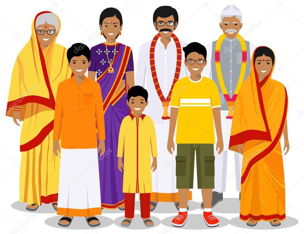 Family and social concept. Indian person generations at different ages. Set of people in traditional national clothes grandmother, grandfather, father, mother, boy, girl standing together. Vector