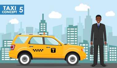Taksi hizmeti konsepti. Düz tarzda taksi ve cityscape ile arka planda Afrikalı Amerikalı işadamı ayrıntılı illüstrasyon. Vektör çizimi.