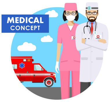 Tıbbi konsept. Düz tarzda ambulans araba ile arka planda acil doktor kadın ve üniformalı adam ayrıntılı illüstrasyon. Vektör çizimi.