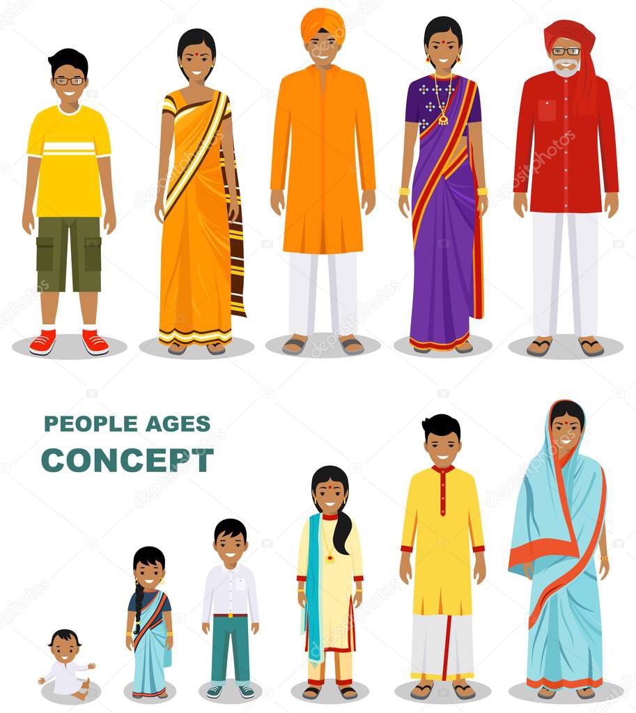 East people generations at different ages isolated on white background in flat style. Indian man and woman aging: baby, child, teenager, young, adult, old people. Vector illustration.