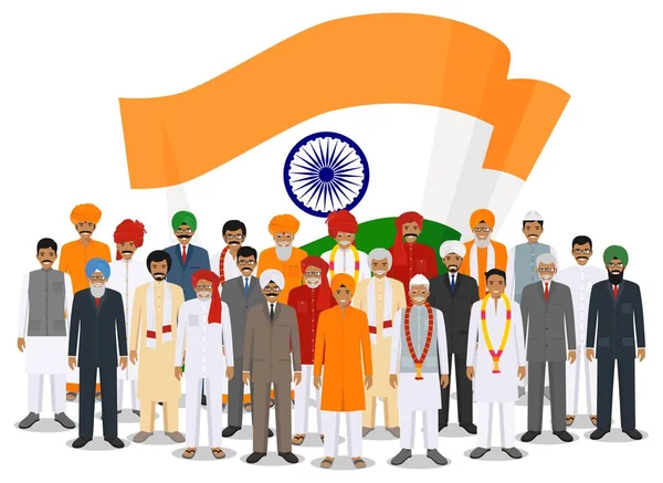 Social concept. Group indian adult and senior people standing together in different traditional national clothes on background with flag in flat style. Vector illustration. — Stock Vector