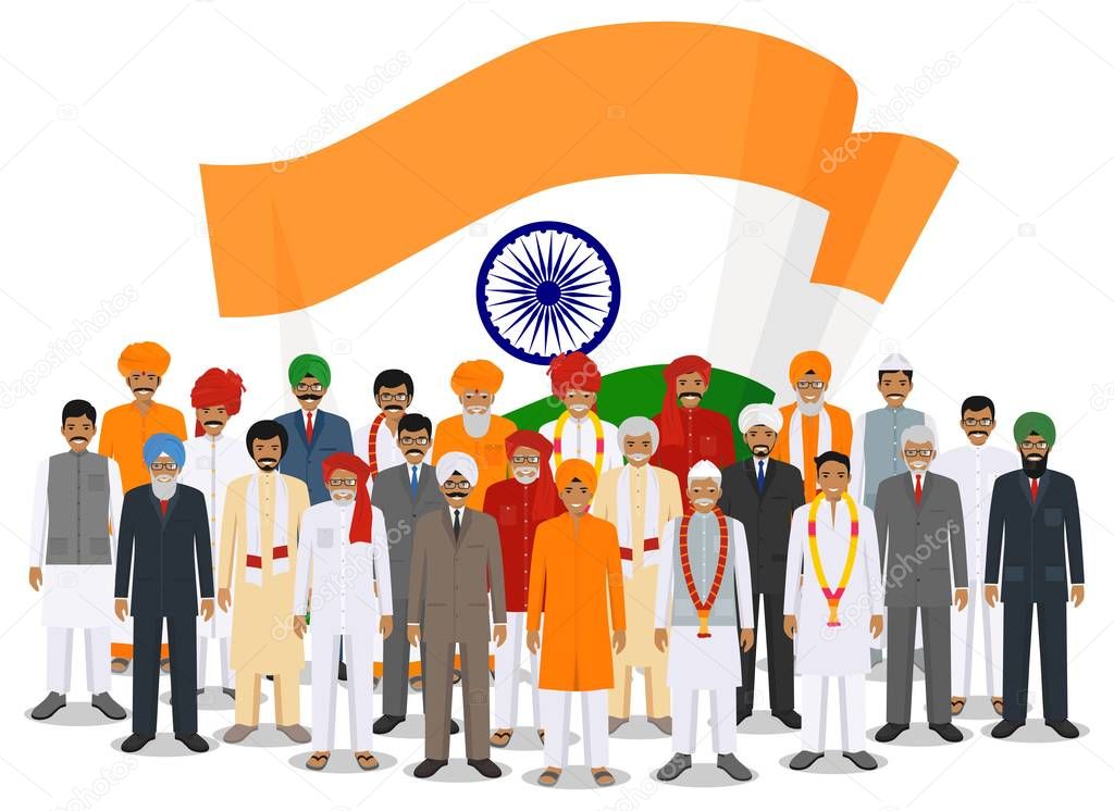 Social concept. Group indian adult and senior people standing together in different traditional national clothes on background with flag in flat style. Vector illustration.