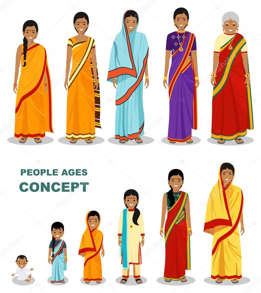 East people generations at different ages isolated on white background in flat style. Indian woman aging: baby, child, teenager, young, adult, old people. Vector illustration.