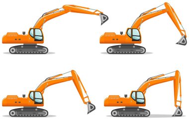 Farklı patlama pozisyonuna sahip ekskavatör. Ağır madencilik makinesi ve inşaat ekipmanları ayrıntılı illüstrasyon. Vektör çizimi.