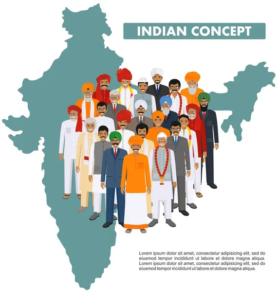Family and social concept. Group indian young and adult people standing together in different traditional national clothes on background with map of India in flat style. Vector illustration. — Stock Vector